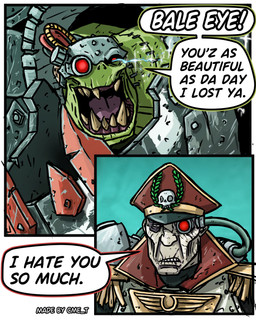 annoyed armor bodily_fluids bone clenched_teeth clothing crying cybernetic_eye cybernetics dialogue duo facial_scar happy hat headgear headwear machine male open_mouth scar sharp_teeth skull speech_bubble surgical_suture tears tears_of_joy teeth text cme_t warhammer_(franchise) warhammer_40000 commissar_yarrick ghazghkull_mag_uruk_thraka human humanoid mammal ork 4:5 comic english_text hi_res