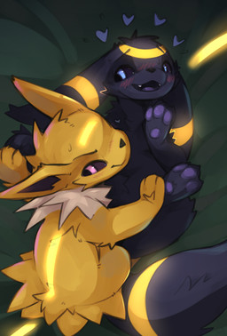 ambiguous/ambiguous ambiguous_gender black_body black_fur blue_eyes blush blush_lines bodily_fluids cheek_tuft chest_tuft dim_lighting duo facial_tuft fluffy fluffy_tail fur glowing glowing_markings head_tuft holding_paws looking_aside looking_worried markings neck_tuft pawpads pink_eyes simple_background sweat tail tuft yellow_body yellow_fur yellow_markings metalisk nintendo pokemon eeveelution generation_1_pokemon generation_2_pokemon jolteon pokemon_(species) umbreon 2026 absurd_res digital_media_(artwork) hi_res