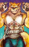 anthro barazoku bulge clothing eyes_closed fur male muscular orange_body orange_fur pawpads pecs showing_paws smile solo alpha-thunder felid mammal pantherine tiger 5:8 absurd_res hi_res