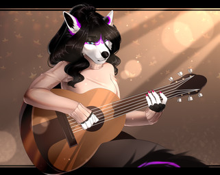 5_fingers acoustic_guitar anthro black_hair black_nose blue_eyes clothed clothing colored_nails eyebrows eyelashes female fingers guitar hair musical_instrument nails plucked_string_instrument solo string_instrument sweater topwear bastika canid canine canis mammal wolf 2020 digital_media_(artwork) hi_res