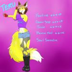 anthro boots bottomwear brown_hair clothed clothing collar cross-body_shoulder_stretch femboy footwear fully_clothed gloves grin hair handwear long_tail male purple_eyes shoes shorts smile solo standing stretching tail text torn_clothing foxtrap teru canid canine fox mammal 1:1 english_text hi_res