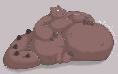 ambiguous_gender morbidly_obese obese overweight rumbling_stomach solo thick_thighs volume_(artist) mewgenics pyrophina_(mewgenics) hi_res