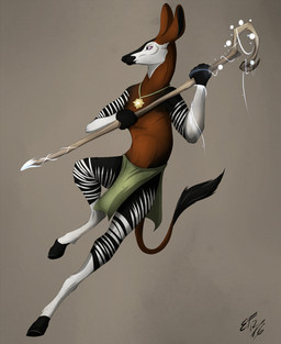 anthro black_body black_fur bottomwear brown_body brown_fur clothed clothing female fur holding_object hooves jewelry loincloth magic necklace purple_eyes simple_background solo staff striped_body striped_fur stripes lizet illah_oakridge giraffid mammal okapi 2016 hi_res signature