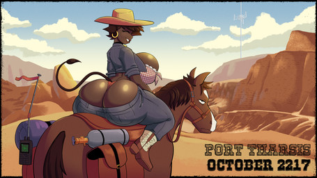 big_breasts big_butt boots bottomwear bra breasts brown_hair butt butt_cleavage clothing cloud cowboy_boots cowboy_hat dark_body dark_skin denim denim_bottomwear denim_clothing denim_topwear desert ear_piercing ear_ring electronics eyes_closed female feral footwear freckled_breasts freckled_butt freckled_face freckles gas_tank hair hat headgear headwear huge_butt jeans pants pattern_bra pattern_clothing pattern_topwear pattern_underwear piercing plaid plaid_bra plaid_clothing plaid_topwear plaid_underwear plateau radar_display red_clothing red_underwear reins ring_piercing saddle shoes sleeping_bag smile solo_focus tail text topwear underwear walkie-talkie cyynapse millie_(cyynapse) animal_humanoid bovid bovid_humanoid bovine bovine_humanoid cattle_humanoid equid equine horse humanoid mammal mammal_humanoid 16:9 4k absurd_res english_text hi_res widescreen