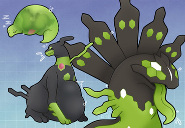 abdominal_bulge ambiguous_gender anthro anthro_prey belly belly_on_ground big_belly black_body duo eyes_closed feral feral_pred green_body huge_belly legless long_tongue lying neck_bulge on_front quadruped simple_background sitting sleeping smile soft_vore solo sound_effects tongue tongue_out translucent translucent_body vore vowelless vowelless_sound_effect zzz makar-ro nintendo pokemon generation_6_pokemon generation_7_pokemon legendary_pokemon pokemon_(species) zygarde zygarde_10_forme zygarde_50_forme zygarde_cell 2022 multiple_images signature watermark