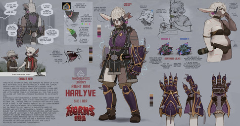 anthro armor broken_horn clothing female gauntlets gloves gynomorph handwear horn intersex muscular muscular_female slightly_chubby solo text starlyve harlyve hare lagomorph leporid mammal rabbit absurd_res english_text hi_res model_sheet