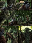 3:4 anthro arrow_(weapon) blood bodily_fluids bow_(weapon) canid canine claws clothed clothing detailed_background english_text forest fur grey_body grey_fur group hindpaw holding_object holding_weapon male mammal nature outside pawpads paws plant quiver_(object) ranged_weapon red_lantern rukis scalie tail tan_body tan_fur text toe_claws tree weapon white_body white_fur wood