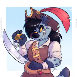 ambiguous_gender anthro bandolier belt black_hair coin cutlass eyebrows gem gold_(metal) gold_coin grin hair melee_weapon muscular pearl_(gem) pirate_hat smile solo sword thick_eyebrows weapon wraps wrist_wraps yellow_eyes psicoyote hyena mammal 1:1 half-length_portrait hi_res portrait