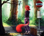 anthro barefoot bottomwear briefcase bus_stop clothed clothing denim denim_bottomwear denim_clothing detailed_background falling_leaves feet female feral forest fur group hair hands_behind_back jacket jeans living_tail luggage outside pants plant rear_view red_body red_fur red_hair road solo_focus standing suitcase tail tail_mouth topwear traveling tree unusual_anatomy unusual_tail neytirix legend_of_ahya ahya_(legend_of_ahya) taylor_renee_wolford_(darkflamewolf) avian bird canid canine canis mammal monster_tail red_wolf wolf 2017 absurd_res digital_media_(artwork) hi_res