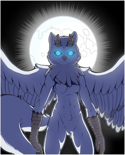abs anthro belly_nipples border breasts featureless_breasts featureless_crotch female full_moon glowing glowing_eyes horn looking_at_viewer moon multi_nipple nipples non-mammal_breasts solo tail thick_thighs white_border wings jampalanga avian bird hybrid owl absurd_res hi_res
