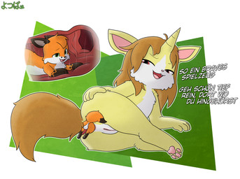 anal anal_penetration anal_vore animal_genitalia animal_penis anthro anus canine_genitalia canine_penis duo female feral fur genitals green_eyes hair hand_on_butt horn internal long_hair male male/female open_mouth orange_body orange_fur pawpads penetration penis rear_view red_eyes text unicorn_horn vore vulva yellow_body yellow_fur yotsubaanon mythology angelo_(schattenflamme) yotsuba_(yotsubaanon) canid canine chimera domestic_cat equid equine felid feline felis fox hybrid mammal mythological_creature mythological_equine red_fox true_fox unicorn german_text hi_res signature translated