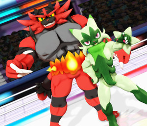 ambiguous_gender anthro claws duo fighting_ring fur gesture green_body green_fur hand_gesture looking_at_viewer male muscular muscular_anthro muscular_male pointing pointing_at_viewer red_body red_fur malicekira nintendo pokemon felid feline floragato generation_7_pokemon generation_9_pokemon incineroar mammal pokemon_(species) 3d_(artwork) digital_media_(artwork) hi_res mikumikudance_(artwork)