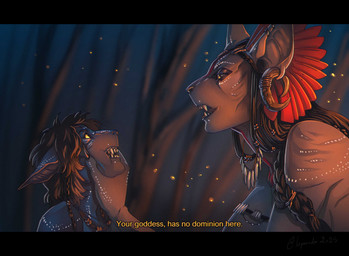 anthro biped black_bars black_hair braided_hair claws duo fangs female finger_claws hair head_grab looking_at_another striped_body stripes teeth text yellow_eyes creepy_gun james_cameron's_avatar kiri_(james_cameron's_avatar) varang_(james_cameron's_avatar) alien felid feline mammal na'vi 2025 digital_media_(artwork) english_text hi_res letterbox