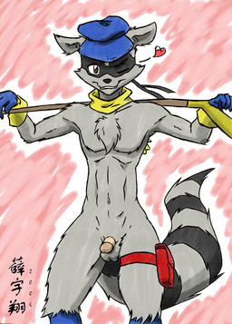 anthro balls biped black_nose cane chest_tuft clothing domino_mask eyemask eyewear front_view fur genitals gloves grey_body grey_fur handwear hat headgear headwear heart_symbol humanoid_genitalia humanoid_penis kerchief looking_at_viewer male markings mask mostly_nude navel one_eye_closed penis pink_penis ring_(marking) ringed_tail small_penis smile solo standing striped_markings striped_tail stripes tail tail_markings tuft wink winking_at_viewer year zenmigawa sly_cooper_(series) sony_corporation sony_interactive_entertainment sucker_punch_productions sly_cooper mammal procyonid raccoon 2006 portrait three-quarter_portrait