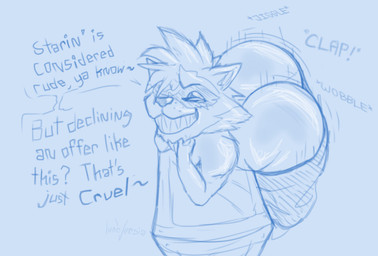 anthro bent_over big_butt bottomwear bottomwear_down butt butt_jiggle clothed clothing dialogue eyelashes grin jiggling looking_at_viewer male onomatopoeia pants pants_down partially_clothed shaking_butt sharp_teeth shortstack smile solo sound_effects teasing teasing_viewer teeth text twerking lunoversia guardians_of_the_galaxy marvel rocket_raccoon mammal procyonid raccoon blue_and_white english_text monochrome