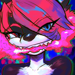 anthro black_body black_fur black_nose blue_background blue_eyes female fur hair looking_up open_mouth pink_hair simple_background smile smoke smoke_from_mouth solo white_body white_fur kite512 kite_(kite512) canid canine fox mammal 1:1 2023 bust_portrait digital_media_(artwork) portrait nonbinary_(lore) trans_(lore) trans_woman_(lore)