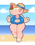 anthro beach big_breasts blush blush_stickers breasts cleavage_cutout clothing cutout female food food_hair fruit hat headgear headwear hooves plant popsicle pseudo_hair sea_salt_ice_cream seaside solo strawberry sun_hat swimwear thick_thighs mehdrawings animal_crossing nintendo merengue_(animal_crossing) mammal rhinoceros absurd_res hi_res