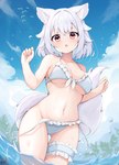 beach bikini blush breasts butt butt_from_the_front clothing eyebrows eyelashes female hair inner_ear_fluff legband looking_at_viewer open_mouth red_eyes short_hair solo swimwear thigh_gap thighband tuft two-piece_swimsuit wardrobe_malfunction water white_hair lulu_akituki touhou momiji_inubashiri animal_humanoid canid canid_humanoid canine canine_humanoid humanoid mammal mammal_humanoid wolf_humanoid