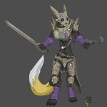 anthro armor claws clothed clothing female fully_clothed fur furgonomics gun handgun headgear helmet knee_pads melee_weapon ranged_weapon revolver solo sword weapon white_body white_fur yellow_body yellow_fur wolfdawg bandai_namco digimon canid digimon_(species) mammal renamon