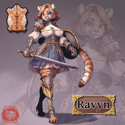 anthro big_breasts blue_eyes breasts brown_nose clothed clothing dress eyeshadow female fur hair makeup markings medieval melee_weapon nipple_outline orange_body orange_fur orange_hair shield solo striped_body striped_markings striped_tail stripes sword tail tail_markings thick_thighs weapon white_body white_fur wide_hips ottobum ravyn_stripeshadow felid feline mammal pantherine tiger 1:1 absurd_res hi_res