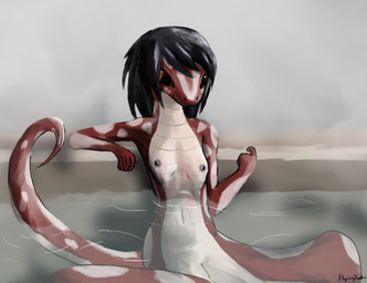 5_fingers anthro apode bath black_hair breasts female fingers genitals hair legless non-mammal_breasts nude orange_eyes serpentine smile solo spots vulva water flyingtanks draconcopode naga reptile scalie snake hi_res