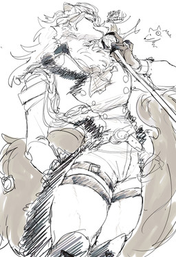 anthro bottomwear clothing eyewear fancy_clothing fluffy fluffy_tail fur hair holding_scepter kerchief leg_belt male neckerchief neckwear scepter solo tail topwear tuttakaking compass_(combat_providence_analysis_system) charles_richter_(compass) canid canine canis mammal wolf 2026 absurd_res hi_res sketch