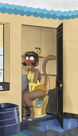 accessory anthro armwear art_deco art_deco_architecture bathroom bathtub blush bob_cut bodily_fluids breasts brown_body brown_fur brown_hair butt clothed clothing door door_handle doorknob doorway dress elbow_gloves feather_in_hair female floor footwear fur genital_fluids glass_bottle gloves hair hair_accessory handwear happy high_heels inside jewelry loose_feather necklace open_door open_mouth panties peeing shoes sitting smile solo starry_eyes tail text tile tile_floor toilet toilet_use topwear towel underwear urine urine_stream watersports whiskers x-ray_view notmypornaccount lackadaisy ivy_pepper domestic_cat felid feline felis mammal 2025 absurd_res digital_drawing_(artwork) digital_media_(artwork) hi_res