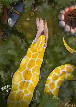 ambiguous_gender campfire camping clothing electronics feet female feral feral_pred fireplace footwear forest group human_prey jungle male phone phone_call plant shoes swallowing tree trio two_prey_at_once two_prey_same_hole vore thux-ei chase_(crimsoncreaturecreations) human mammal python reptile scalie snake absurd_res hi_res
