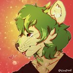 anthro black_clothing black_topwear brown_eyes chest_tuft clothed clothing fur green_ears green_hair hair heart_symbol inner_ear_fluff male narrowed_eyes red_tongue solo tongue topwear tuft whiskers yellow_body yellow_fur yellow_inner_ear_fluff lionfloof dorian_(lionfloof) felid lion mammal pantherine 1:1 bust_portrait portrait signature