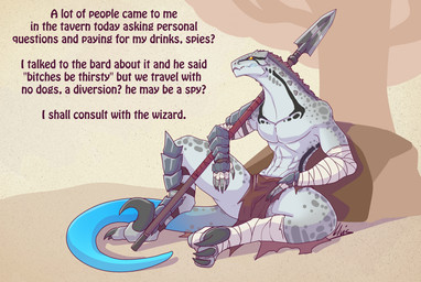 anthro bottomwear claws clothing grey_body grey_scales humor loincloth male melee_weapon muscular muscular_anthro muscular_male pecs polearm profanity scales sitting solo spear text weapon yellow_eyes lluisabadias dungeons_and_dragons hasbro wizards_of_the_coast yu'hiss lizardfolk_(dnd) lizardman reptile scalie 2022 english_text hi_res