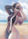 anthro beach bikini biped black_body breasts clothed clothing female multicolored_body nipple_outline one-piece_swimsuit outside seaside skimpy sling_bikini solo split_color swimwear thick_thighs two-piece_swimsuit two_tone_body white_body wide_hips aozee beastars mizuchi_(beastars) domestic_rabbit harlequin_rabbit lagomorph leporid mammal oryctolagus rabbit digital_media_(artwork) portrait shaded three-quarter_portrait