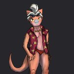 anthro clothing cosplay cybernetic_arm cybernetic_limb eyewear female fur grey_hair hair jewelry orange_body shirt simple_background solo sunglasses swimming_trunks swimwear tail topwear yellow_eyes blen4k inura karma_(kamikas) furred_kobold furred_scalie kobold scalie 1:1 absurd_res hi_res sketch