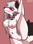 2020 anthro blush blush_lines breasts canid canid_demon canine capaoculta collar collar_only demon digital_media_(artwork) ear_piercing ear_ring embarrassed extended_leg female flexible genitals hand_on_leg hand_on_own_leg hand_on_own_shin hand_on_shin hellhound helluva_boss hi_res holding_leg holding_raised_leg holding_shin innie_pussy loona_(helluva_boss) mammal mythological_canine mythological_creature mythology navel nipples nude on_one_leg one_hand_up one_leg_up piercing plump_labia pussy raised_arm raised_hand raised_leg red_sclera ring_piercing shaded solo spiked_collar spikes splits spread_legs spreading standing straight_leg stretching vertical vertical_splits vertical_standing_split