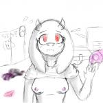 alternate_universe anthro bed blush bra breasts clothing female footwear furniture hoodie horn legwear looking_at_viewer nipples panties pink_eyes simple_background small_breasts socks solo standing text topwear underwear white_background khamii altertale undertale undertale_(series) toriel toriel_(altertale) boss_monster_(undertale) bovid caprine mammal 1:1