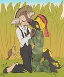 amish anthro black_body black_tail blush clothed clothing duo eyes_closed fur kissing male male/male multicolored_body tail two_tone_tail yellow_body yellow_tail young young_anthro fuf riley_rivers amphibian bovid bovine cattle mammal salamander 2023 hi_res