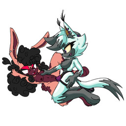 anthro breast_grab breasts brown_body brown_fur duo female female/female fur grey_body grey_fur hand_on_breast piercing strapon tan_body tan_fur white_body white_fur dimmedstarlight sega sonic_the_hedgehog_(series) fan_character felid feline lagomorph leporid lynx mammal rabbit 1:1 absurd_res hi_res