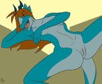 anthro arm_over_breasts blue_body blue_horn blue_scales breast_squish breasts clitoral_hood clitoris countershade_torso countershading covering covering_breasts cute_fangs female genitals hair hair_over_eye hand_behind_head horn long_hair lying non-mammal_breasts nude on_back orange_eyes orange_hair presenting presenting_pussy pussy scales simple_background small_breasts smile solo spread_legs spreading squish tail teal_body teal_scales flawedspirit mythology selena_(flawedspirit) dragon mythological_creature mythological_scalie scalie 2024 digital_drawing_(artwork) digital_media_(artwork) hi_res