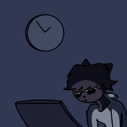 ambiguous_gender anthro black_body black_fur clock clothed clothing computer electronics fur hair hoodie laptop night open_mouth simple_background solo tired tired_eyes topwear anonymous_artist domestic_cat felid feline felis mammal 1:1 digital_media_(artwork)