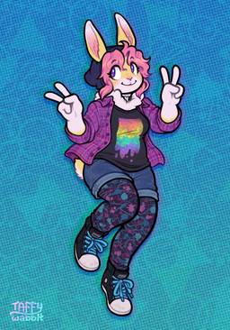 4_fingers anthro black_clothing black_shirt black_topwear bottomwear breasts clothing female fingers footwear gesture green_background hair hand_gesture hat headgear headwear on_one_leg pants pink_hair purple_clothing purple_eyes purple_shirt purple_topwear shirt shoes shorts simple_background smile solo standing tail topwear v_sign yellow_body taffywabbit soleil_(keffotin) lagomorph leporid mammal rabbit 2025 digital_media_(artwork) trans_(lore) trans_woman_(lore)