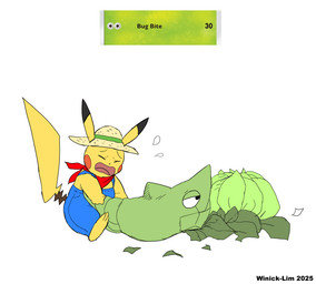 ambiguous_gender anthro card green_body plant tail text yellow_body winick-lim nintendo pokemon arthropod generation_1_pokemon insect mammal metapod pikachu pokemon_(species) rodent digital_media_(artwork) english_text