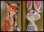 anthro clothed clothing cybernetics duo ear_piercing female fur green_eyes machine male nude piercing prosthetic prosthetic_arm prosthetic_limb purple_eyes scar teeth thewyvernsweaver disney trigun zootopia judy_hopps nick_wilde canid canine fox lagomorph leporid mammal rabbit red_fox true_fox 2017 absurd_res crossover digital_media_(artwork) hi_res