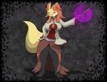 anthro anthrofied big_breasts breasts clothed clothing dress_shirt eyewear female fur glasses hand_on_hip looking_at_viewer orange_eyes panties pokemorph shirt solo topwear underwear wand wide_hips nooxgard nintendo pokemon canid canine delphox generation_6_pokemon mammal pokemon_(species)