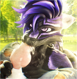 animal_genitalia animal_penis anthro black_body black_fur bodily_fluids canine_genitalia canine_penis cheek_tuft cum cum_drip cum_in_mouth cum_inside cum_on_penis dripping duo ear_tuft erection facial_tuft fur genital_fluids genitals half-closed_eyes looking_at_viewer male male/male male_penetrated markings narrowed_eyes oral penetration penile penis purple_body purple_fur text tuft lill_esp rexouium 3d_(artwork) absurd_res digital_media_(artwork) english_text hi_res