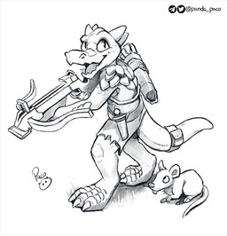 3_toes ambiguous_feral ambiguous_gender anthro barefoot claws clothed clothing duo feet feral finger_claws glistening glistening_eyes holding_crossbow looking_at_viewer male male_anthro open_mouth pupils simple_background slit_pupils standing toe_claws toes tongue pandapaco kobold mammal murid murine rat rodent scalie monochrome sketch
