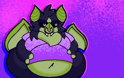 ambiguous_gender anthro back_wings belly big_belly black_sclera cheek_tuft clothed clothed_anthro clothing countershading facial_piercing facial_tuft fangs fingers front_view green_body green_countershading green_inner_ear green_wings half-closed_eyes hands_on_own_belly head_tuft looking_aside multicolored_body narrowed_eyes navel nose_piercing nose_ring overweight overweight_anthro piercing purple_clothing purple_shirt purple_t-shirt purple_topwear ring_piercing shirt solo t-shirt teeth topwear tuft two_tone_body wings afkuseronline bat mammal 2026 digital_media_(artwork) half-length_portrait portrait shaded