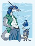 abs anthro blue_eyes blue_hair bottomwear chibi clothing denim denim_bottomwear denim_clothing hair hand_in_pocket horn jeans long_hair male muscular muscular_male pants pockets shorts simple_background solo whiskers litehase mythology lite_(litehase) dragon eastern_dragon mythological_creature mythological_scalie scalie hi_res maleherm_(lore)
