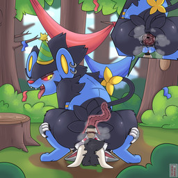 anal anal_fluids anal_penetration anus big_butt black_body black_fur black_hair black_tail blue_body blue_ears blue_fur bodily_fluids butt claws clothing deep_rimming duo ear_piercing ear_ring eyelashes eyeshadow facesitting fangs female female_penetrated female_rimmed feral fur gaping gaping_anus genitals green_clothing grey_ears hair hat headgear headwear internal internal_anal internal_rimming long_tongue looking_at_another makeup male male/female male_penetrating male_penetrating_female male_rimming male_rimming_female multicolored_clothing muzzle_in_anus open_mouth oral party_hat paws penetration piercing prehensile_tongue quadruped rear_view red_sclera rimming rimming_female ring_piercing saliva saliva_on_anus sex sitting sitting_on_another snout_fuck snout_in_ass tail teeth tongue tongue_fucking tongue_out tongue_penetration two_tone_clothing vulva white_body white_fur yellow_body yellow_clothing yellow_ears yellow_fur yellow_sclera aztepyeen mythology nintendo pokemon iridius dragon generation_4_pokemon luxray mythological_creature mythological_scalie pokemon_(species) scalie 1:1 2023 absurd_res hi_res signature