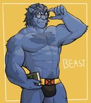 2021 abs anthro barazoku beast_(marvel) big_muscles biped book bulge canid canine cel_shading character_name claws clothing digital_media_(artwork) english_text eyewear glasses hair hi_res holding_object jrjresq male mammal marvel muscular muscular_anthro muscular_male navel pecs pinup portrait pose shaded simple_background solo standing text thong three-quarter_portrait underwear yellow_background