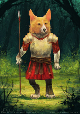 anthro armor biped brown_body brown_fur clothed clothing detailed_background forest fur holding_melee_weapon holding_object holding_polearm holding_spear holding_weapon male melee_weapon outside plant polearm semi-anthro solo spear text tree weapon heliacwolf canid canine canis domestic_dog herding_dog mammal pastoral_dog welsh_corgi 2014 url