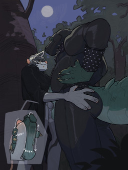 anthro belly big_penis black_cloak black_clothing bodily_fluids bottomwear bracelet butt butt_grab claws cloak clothing duo erection facial_piercing foreskin frottage full_moon furgonomic_bottomwear furgonomics genital_fluids genitals hairless_tail hand_on_butt humanoid_genitalia humanoid_penis jewelry leather leather_clothing leather_mask light lip_piercing male male/male mask moon moonlight musclegut muscular nature penile penis penises_touching piercing plant precum sex slightly_chubby slightly_chubby_anthro slightly_chubby_male snakebite_piercing spiked_bracelet spikes tail thick_tail tree assparagus crocodile crocodilian reptile scalie absurd_res hi_res